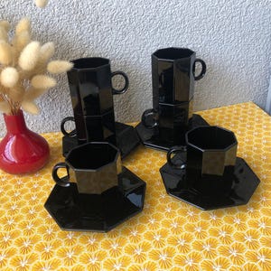 Vintage Black Octime Arcoroc Coffee Cups & Saucers, Art Deco Style, Esso Collection France, 1980s Black Tempered Glass Espresso Set