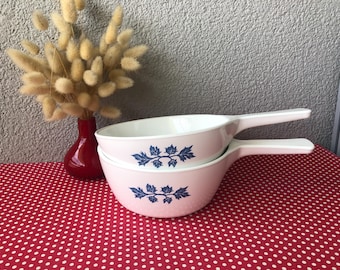 Vintage Pyroflam Skillet Set - Blue Leaves Pattern - Healthy Cooking Vitroceramic Cookware - Made in Netherlands - Pf-30 & Pf-31 - Set of 2