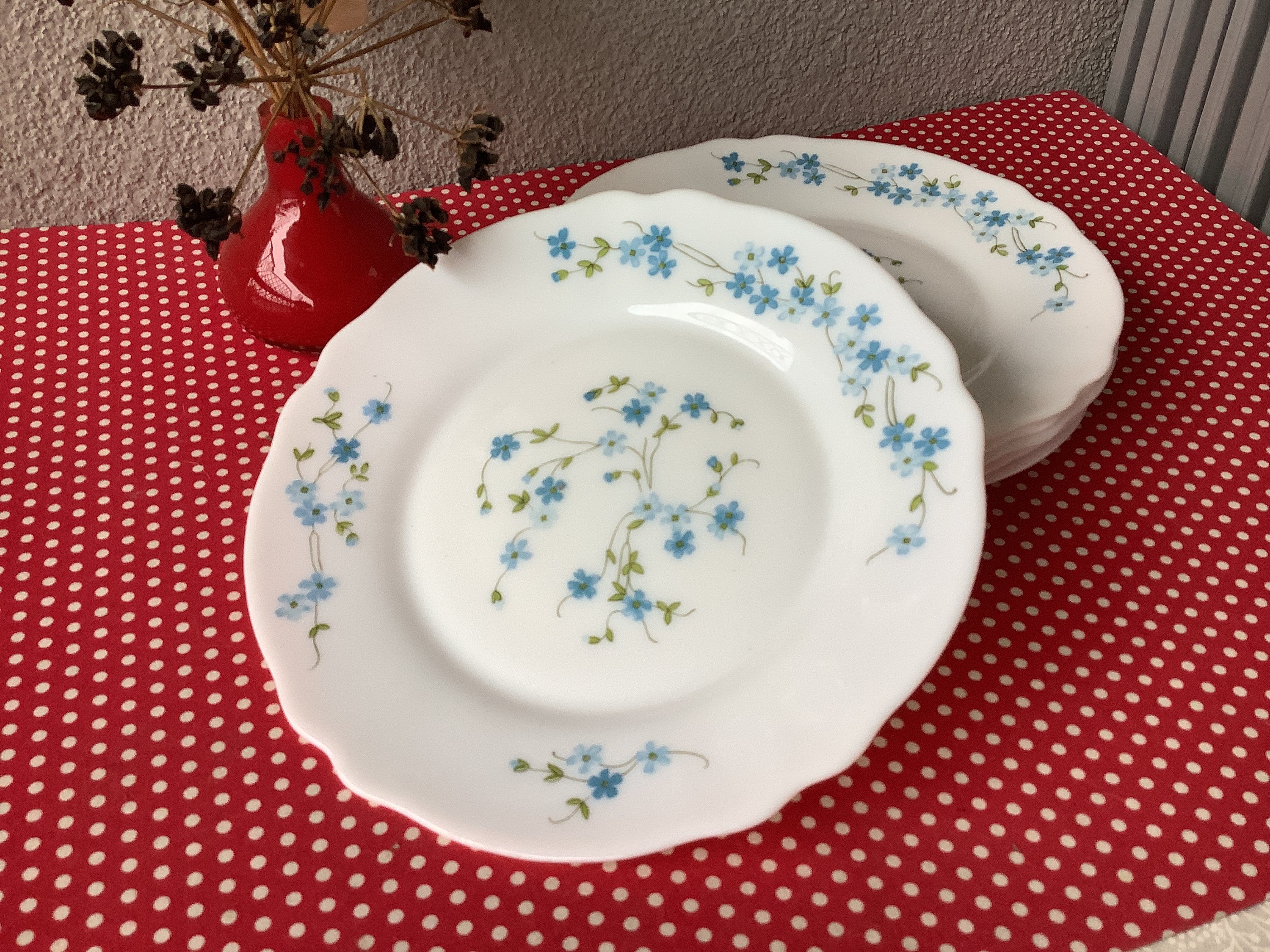3 Assiettes Plates Arcopal Véronica – Motif Myosotis En Verre, Occasion Très Bon État