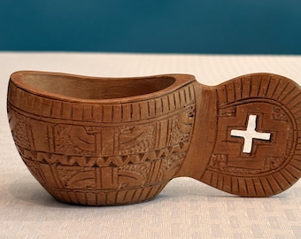 Vintage Yugoslavian Shepherd's Cup Hand Carved Wooden Wedding Cup Folk Art