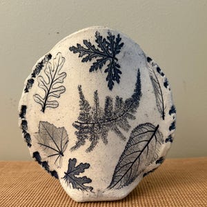 Studio Pottery Ceramic Vase Blue Leaf Impressions Odd Sculptural Form