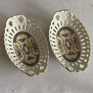 Pair of Vintage German Reticulated Porcelain Dishes Floral Design Pierced Candy or Trinket Dishes
