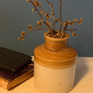 May include: A vintage stoneware vase with a two-tone design, featuring a cream-colored base and a brown upper section. The vase holds dried branches with small, yellow-brown blossoms. A dark book rests beside the vase, suggesting a rustic, antique aesthetic.