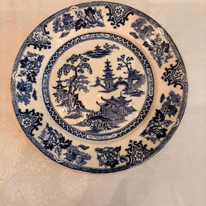 May include: A round ceramic plate featuring a blue and white transferware pattern. The center depicts a landscape with pagodas, a bridge, and trees. The rim is decorated with floral motifs and geometric patterns in a matching blue and white color scheme.