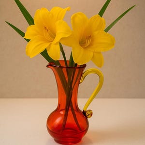 Jarra de vidrio Amberina soplado a mano - Vidrio artístico vintage con asa curvada - Decoración estilo Blenko de mediados de siglo - Jarrón rojo, naranja y amarillo