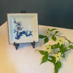 Vintage Japanese Crackle Glaze Square Plate- Blue and White Blossom Motif- Hand Painted Porcelain With Gold Foil Mark