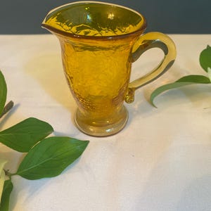 Vintage Amber Crackle Glass Pitcher - Small Hand Blown Vase with Applied Handle - Retro Mid-Century Style Bud Vase
