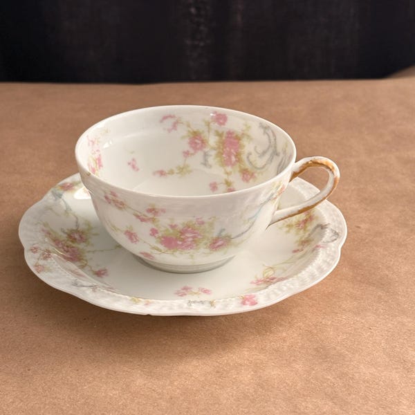 Tasse à thé et soucoupe « Princess » Haviland Limoges | Ensemble de tasses à thé florales roses en porcelaine française/vintage