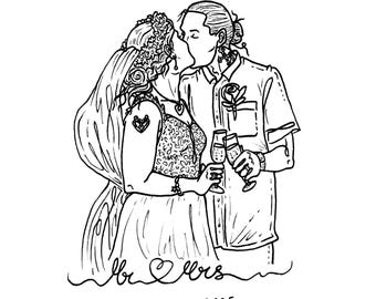 Custom Hand-Drawn Wedding Portrait: 1st Anniversary Paper Gift