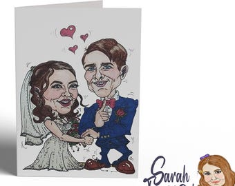 Tarjeta de felicitación con caricatura: Retrato personalizado dibujado a mano a partir de una fotografía.