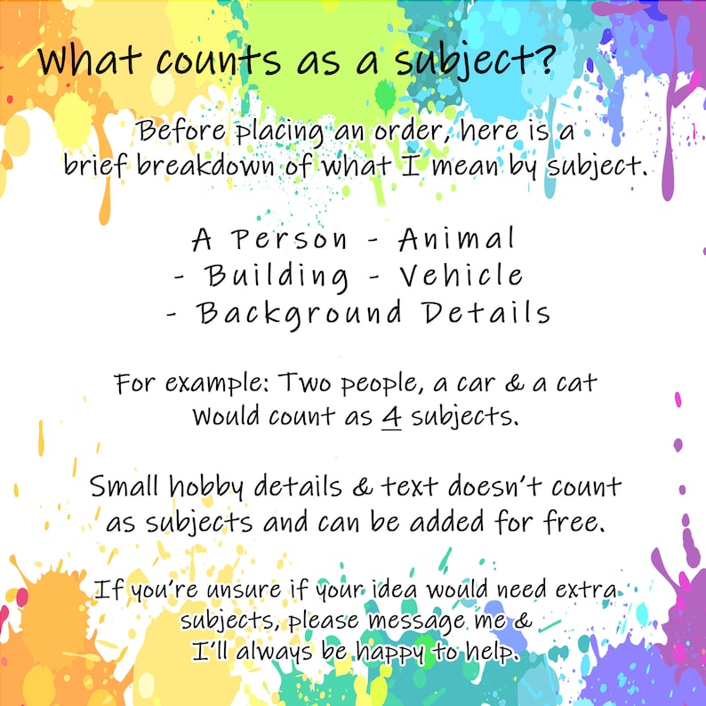 May include: A colorful graphic with the text "What counts as a subject?" and a list of items that count as subjects for a custom illustration, including people, animals, buildings, vehicles, and background details. The text also explains that small hobby details and text do not count as subjects and can be added for free. The graphic has a bright, colorful background with splashes of paint.