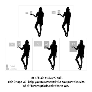 May include: A woman stands holding different sizes of paper, including A2, A3, A4, and A5. The text "I'm 5ft 3in (160cm) tall." is below the image. The text "This image will help you understand the comparative size of different prints relative to me." is below the text.