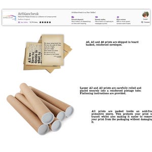 May include: A close-up of a stack of brown cardboard tubes with white caps. The tubes are used for shipping rolled prints. The text "All we have to decide is what to do" is visible on a vintage-style print.