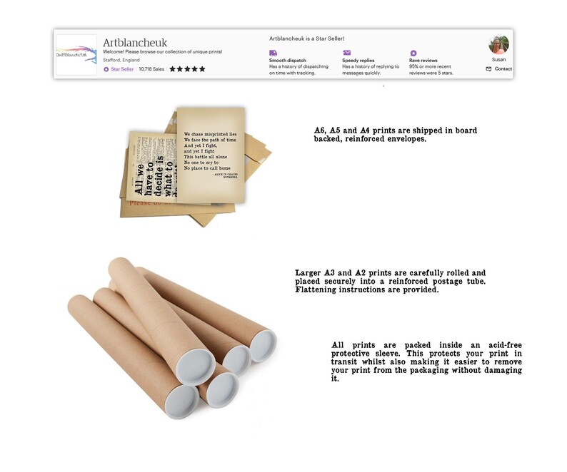 May include: A close-up of a stack of brown cardboard tubes with white caps. The tubes are used for shipping rolled prints. The text "All we have to decide is what to do" is visible on a vintage-style print.