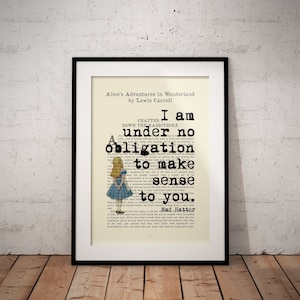 Alice In Wonderland Mad Hatter quote book page art print - vintage antique inspiration - Unframed - Customisable