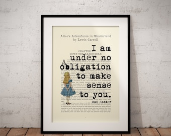 Alice In Wonderland Mad Hatter quote book page art print - vintage antique inspiration - Unframed - Customisable