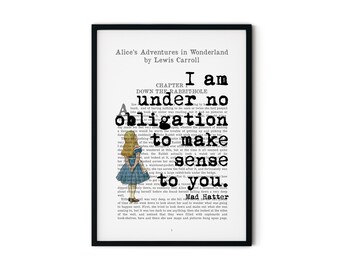 Alice In Wonderland Mad Hatter quote book page art print - vintage antique inspiration