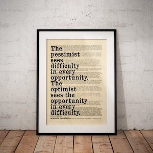 Optimist Sees Opportunity Quote Print - Winston Churchill Quotes - Prime Minister Speech Unframed