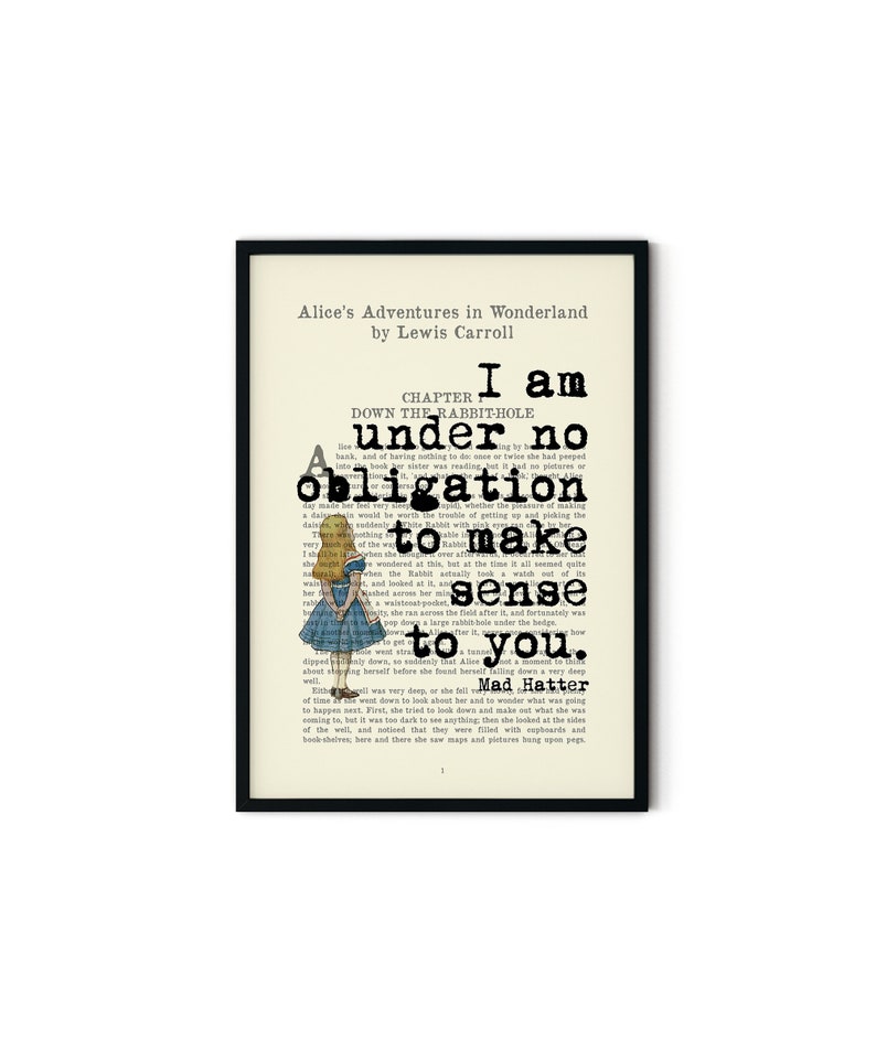 Hatter Text Alice in Wonderland Mad Hatter Quote Book Page Art Print - Vintage ...
