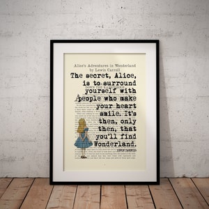 Alice In Wonderland Heart Smile quote book page art print - vintage antique inspiration - Unframed - Custom Option Available