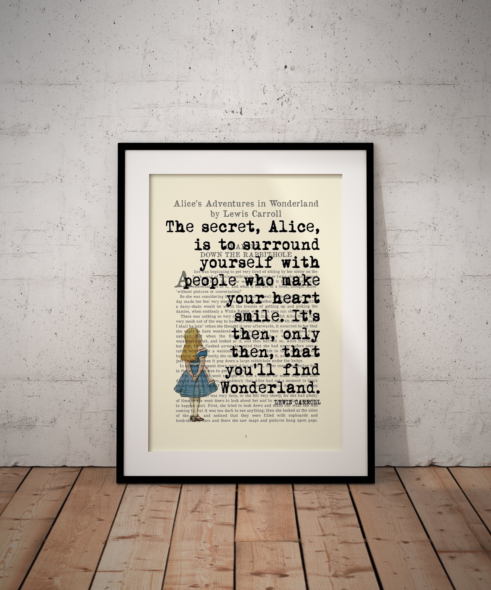 Alice In Wonderland Heart Smile quote book page art print - vintage antique inspiration - Unframed - Custom Option Available