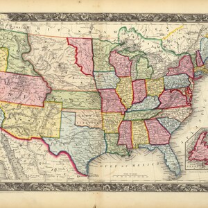 Könnte beinhalten: Eine historische Karte der Vereinigten Staaten und Kanadas, die die Territorien und Staaten in verschiedenen Farben zeigt. Die Karte umfasst den Golf von Mexiko und den Atlantik. Der Titel "Map of the United States Territories, Canada &c" ist sichtbar.