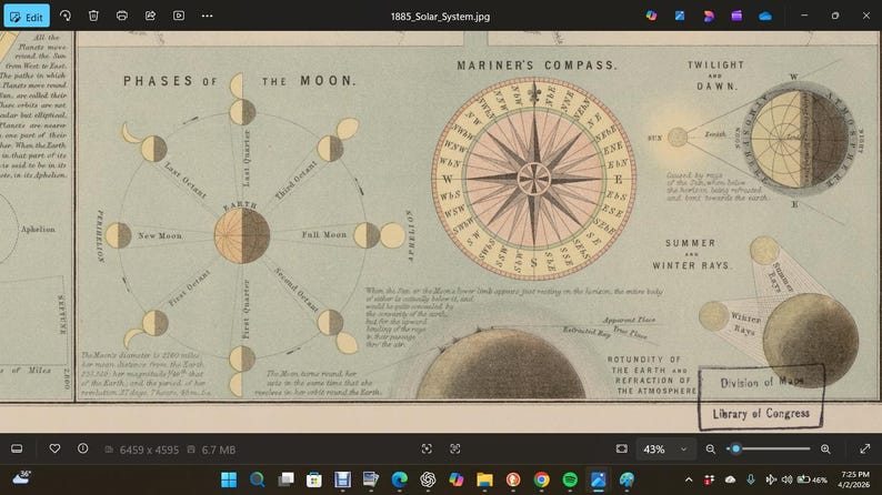 1885 Solar System Astronomy Chart – Vintage Moon Phases, Tides (digital ...