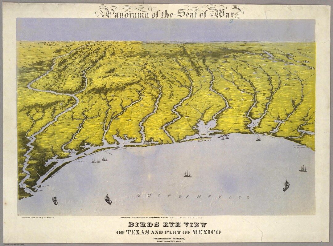 1861 Bachmann Bird's Eye View Map of Texas – Civil War Era Lithograph ...