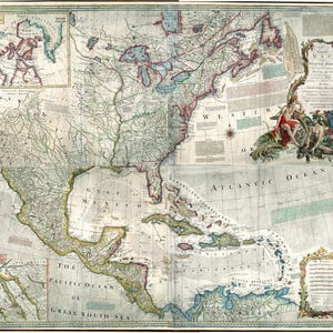 May include: Antique map of North America, featuring detailed cartography of the continent, including the United States, Canada, and Mexico. The map is adorned with decorative elements, including figures and text, and is bordered by a decorative frame. The map is printed on aged paper.