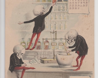 Raro calendario de esqueletos original de Antikamnia de 1900 - Juego completo de 6 láminas - Dr. Louis Crusius - Colección física de The Archival Eye