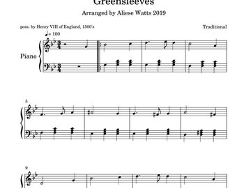 Greensleeves Sheet Music. Piano Vocals. Piano Arrangement. Music Score.