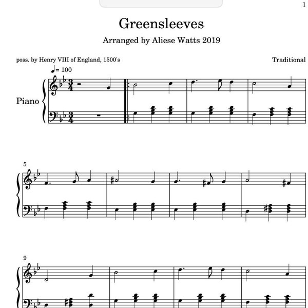 Greensleeves Sheet Music. Piano Vocals. Piano Arrangement. Music Score.