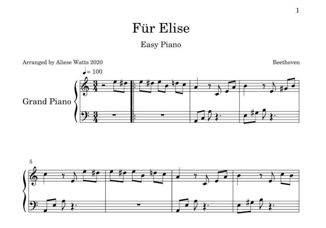 Fur Elise Easy Piano Für Elise Sheet Music for Easy Piano. Beethoven - Etsy UK