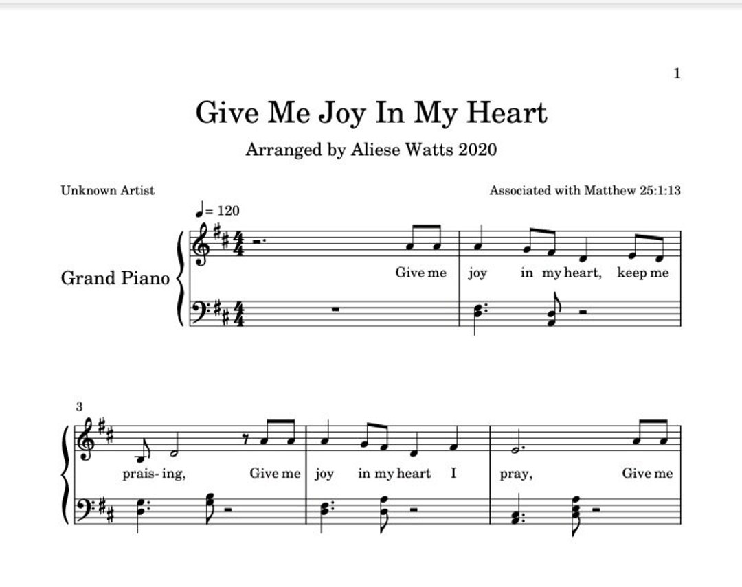 Give Me Joy in My Heart Piano Sheet Music Valentines Day Hymn Music