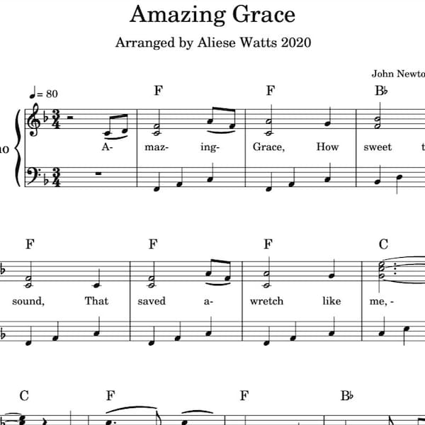 Sheet Music. Amazing Grace Easy Piano Arrangement. Music Teacher. Music Student. Music Score. Popular Hymn.