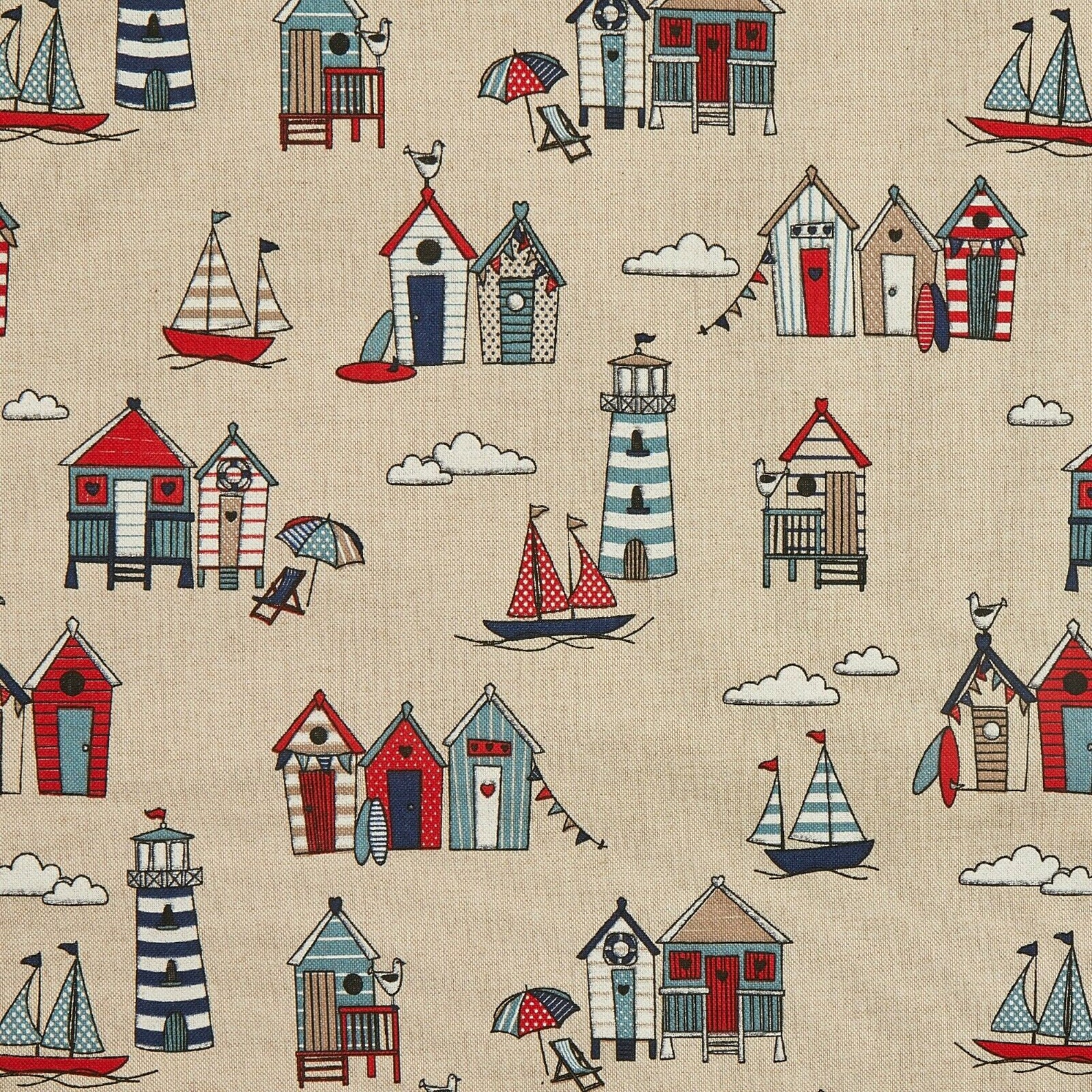 Red/Blue Nautical Beach Hut Cotton Fabric 100 Cotton Etsy