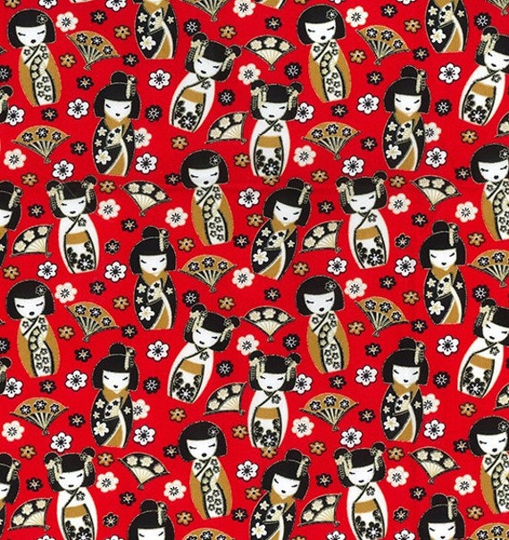Red Geisha Japan Dolls Japanese Printed 100% Cotton Poplin Fabric 