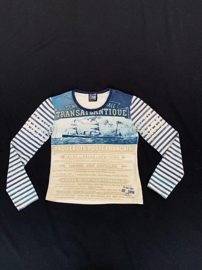 very rare old French marine prints Cop copine long sleeved mesh cotton top vintage Y2k JPGaultier style