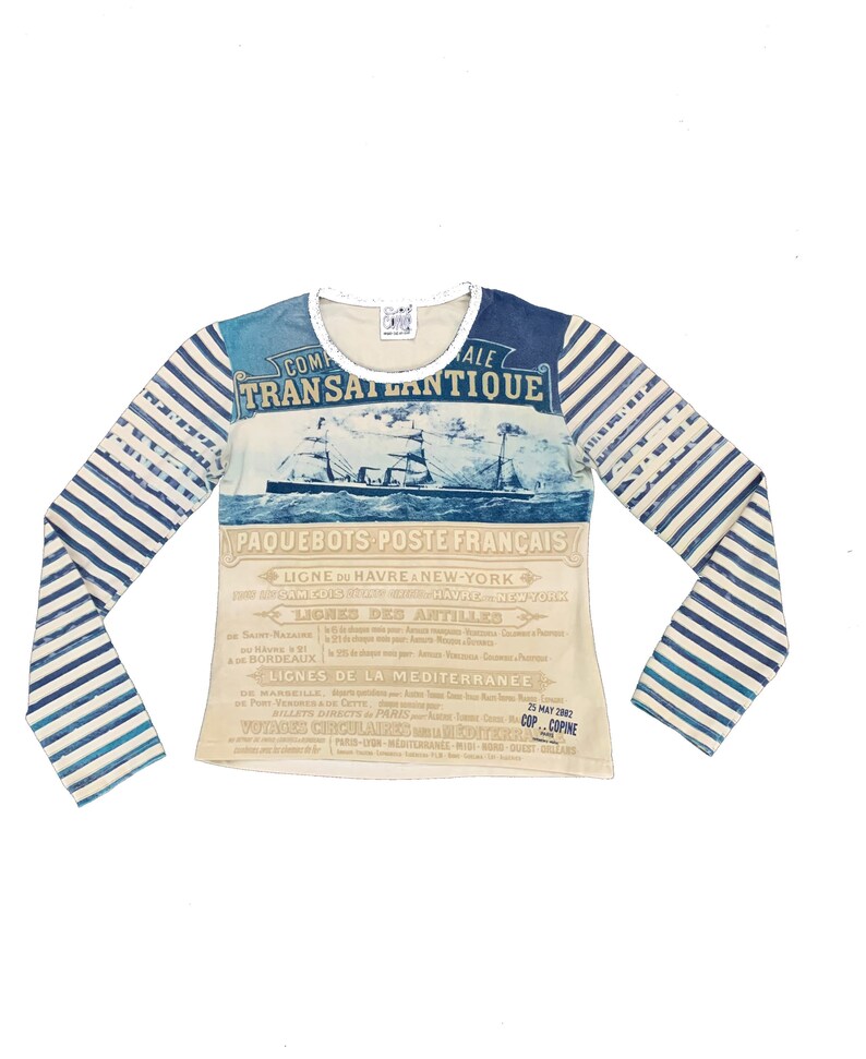 very rare old French marine prints Cop copine long sleeved mesh cotton top vintage Y2k JPGaultier style