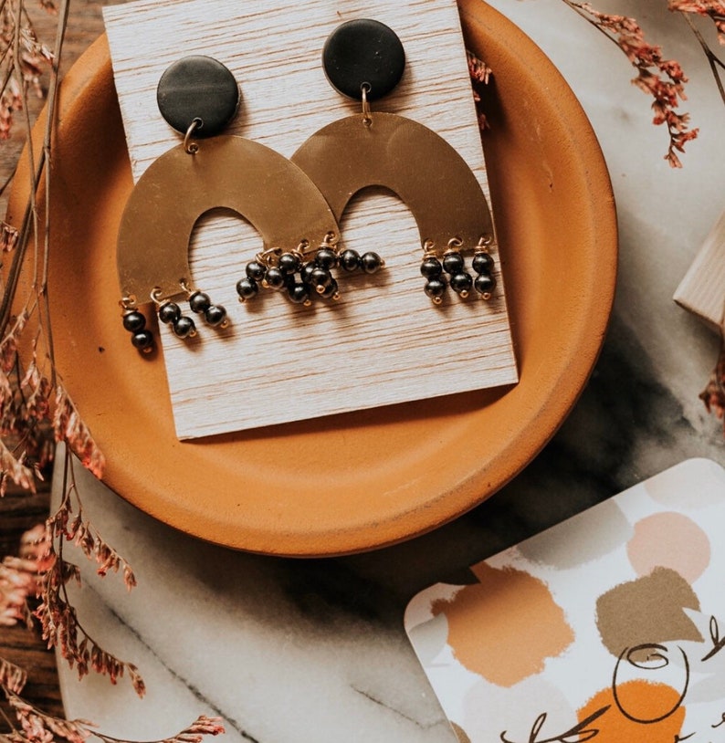 The Beaded Arch in Black Pepper statement earrings polymer clay earrings pearl earring