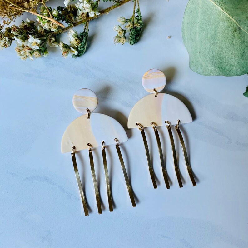 Limited Edition Peach Marble and Brass polymer clay earrings statement earrings