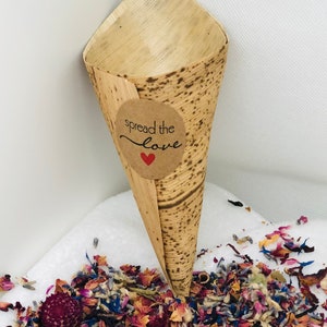 May include: A brown paper cone with a sticker that says "spread the love" with a red heart. The cone is filled with colorful flower petals.