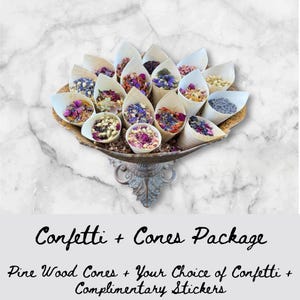 May include: A collection of small, wooden cones filled with colorful dried flower confetti. The cones are arranged in a circular pattern on a decorative stand. The text "Confetti + Cones Package" is written below the image. The text "Pine Wood Cones + Your Choice of Confetti + Complimentary Stickers" is written below the first line of text.