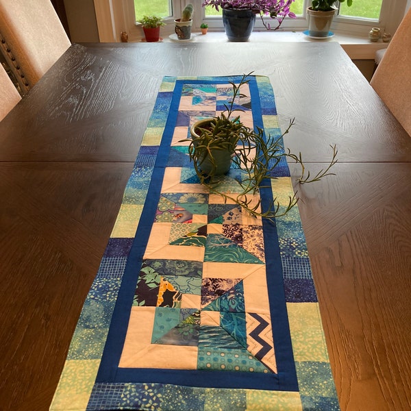 Disappearing Rail Fence Quilted Table Runner in blues and teals