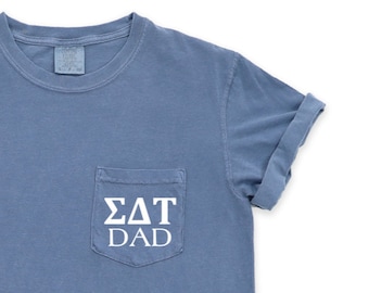 Sigma Delta Tau Sorority | Comfort Colors Short Sleeve Pocket Tee | Sorority Dad Daddy Father's Day, greek letters, custom gift, stepdad