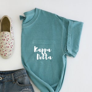 Kappa Delta Sorority | Comfort Colors Short Sleeve Pocket Tee, cursive script, pocket tshirt, kd tshirt, kaydee shirt, big little, bid day