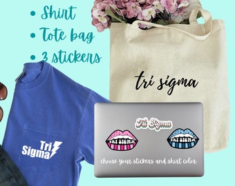 Tri Sigma Sorority Gift Basket | 1 Pocket Tee, 1 Tote Bag, 3 Stickers | tri sigma big little bag, tri sigma bid day bag, bid day bundle