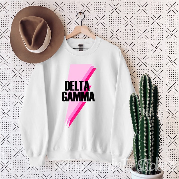 Delta Gamma Sorority Pink Lightning Bolt Gildan Pullover Crewneck Unisex Sweatshirt, delta gamma little, dee gee bid day, dg sweatshirt