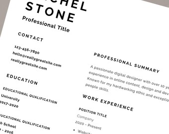 May include: A resume template with the name "Rachel Stone" and the title "Professional Title" in a minimalist design. The resume includes sections for contact information, education, skills, and work experience. The Canva logo is visible.