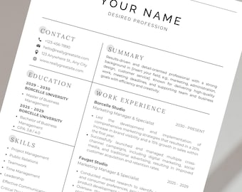 Resume Template Simple Canva Resume Template ATS Friendly Professional Resume CV Design Classy Resume Minimalist Editable Graduate Resume